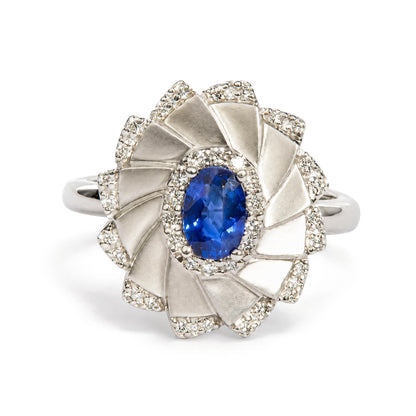 14K White Gold Oval Blue Sapphire and 1/5 Cttw Diamond Sunburst Halo Cocktail Ring