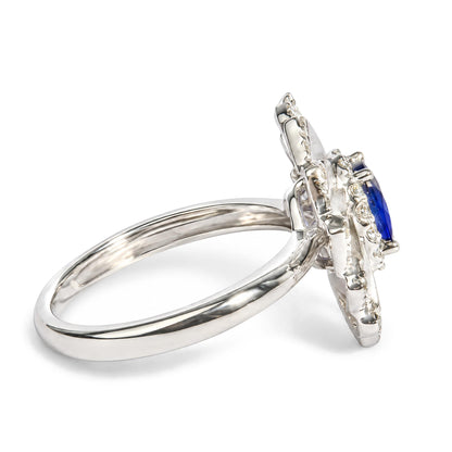 14K White Gold Oval Blue Sapphire and 1/5 Cttw Diamond Sunburst Halo Cocktail Ring