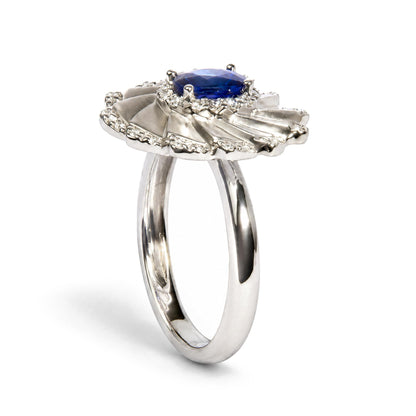 14K White Gold Oval Blue Sapphire and 1/5 Cttw Diamond Sunburst Halo Cocktail Ring