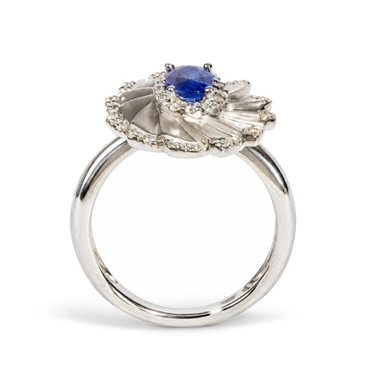 14K White Gold Oval Blue Sapphire and 1/5 Cttw Diamond Sunburst Halo Cocktail Ring