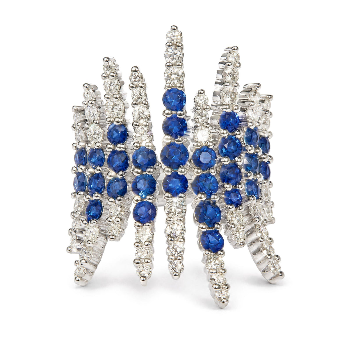 14K White Gold Blue Sapphire and 1 1/4 Cttw Diamond Multi-Row Cocktail Ring Band