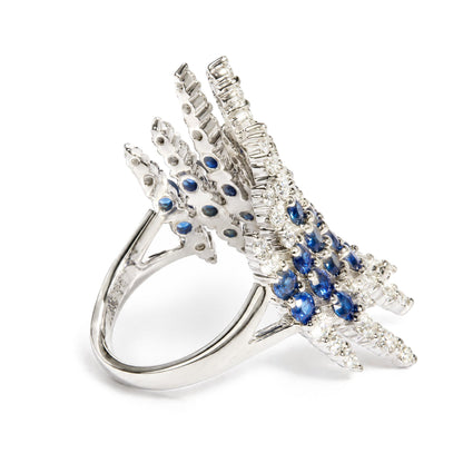 14K White Gold Blue Sapphire and 1 1/4 Cttw Diamond Multi-Row Cocktail Ring Band