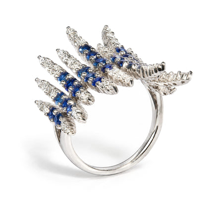 14K White Gold Blue Sapphire and 1 1/4 Cttw Diamond Multi-Row Cocktail Ring Band