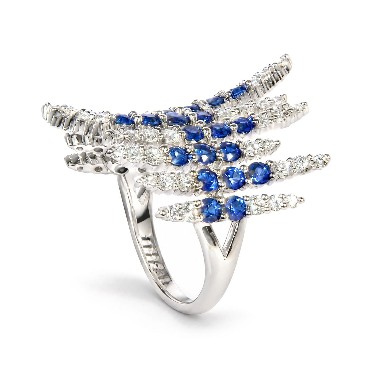 14K White Gold Blue Sapphire and 1 1/4 Cttw Diamond Multi-Row Cocktail Ring Band