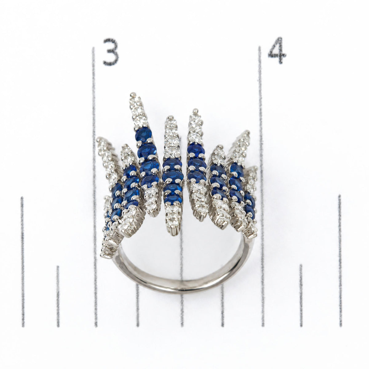 14K White Gold Blue Sapphire and 1 1/4 Cttw Diamond Multi-Row Cocktail Ring Band