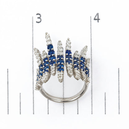 14K White Gold Blue Sapphire and 1 1/4 Cttw Diamond Multi-Row Cocktail Ring Band