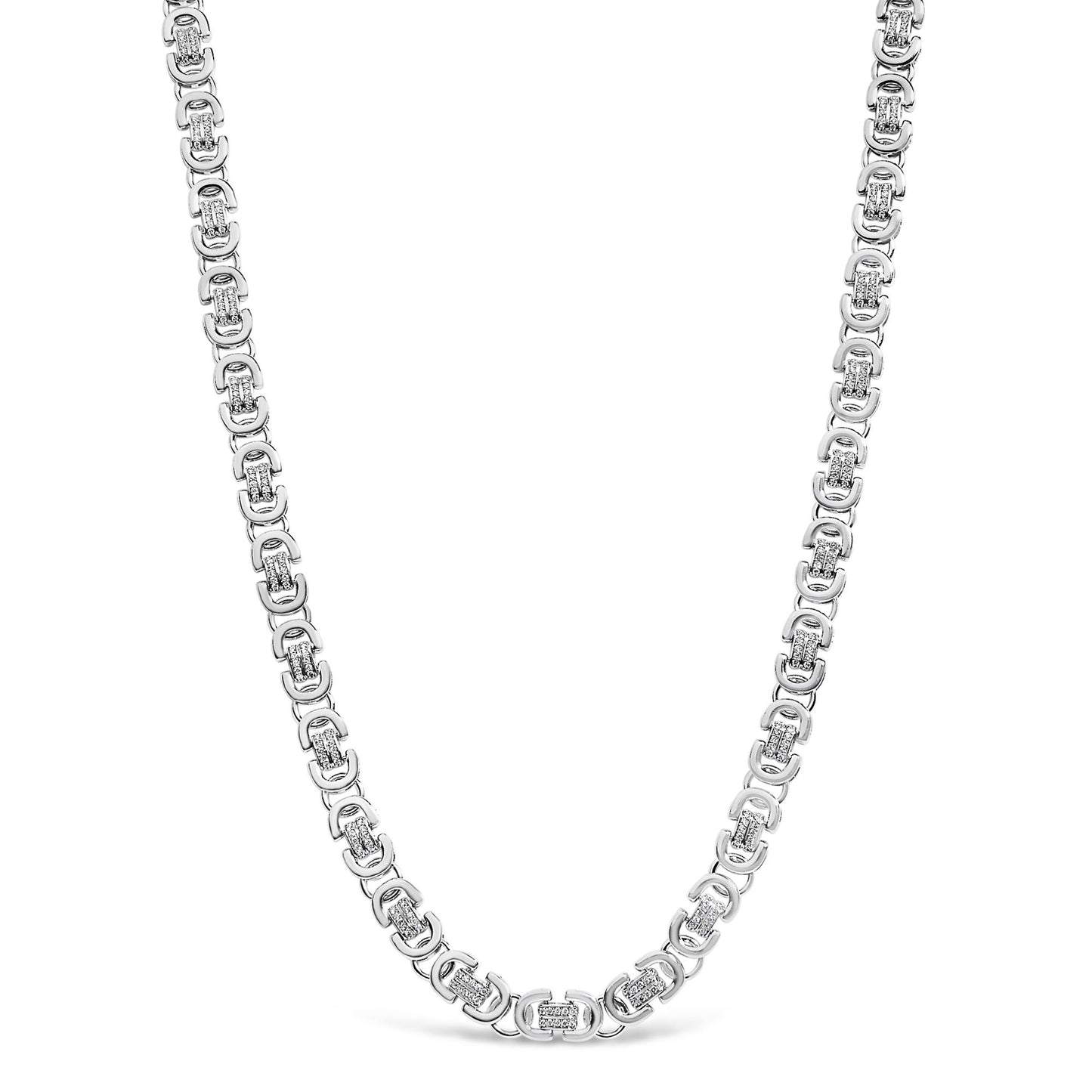 White necklace with linked chain design featuring round white gemstones in prong settings, shown from a front angle on a white background.