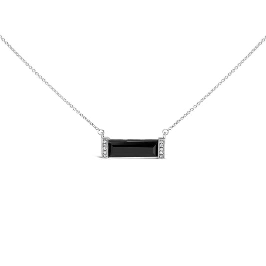 Front view of .925 Sterling Silver Black Onyx and Diamond Accent Bar Necklace showing onyx bar and diamond accents on white
