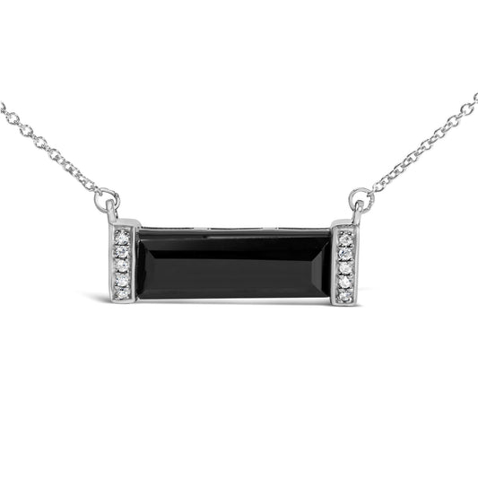 Front view of .925 sterling silver black onyx and diamond accent bar necklace showcasing diamond sides on white background