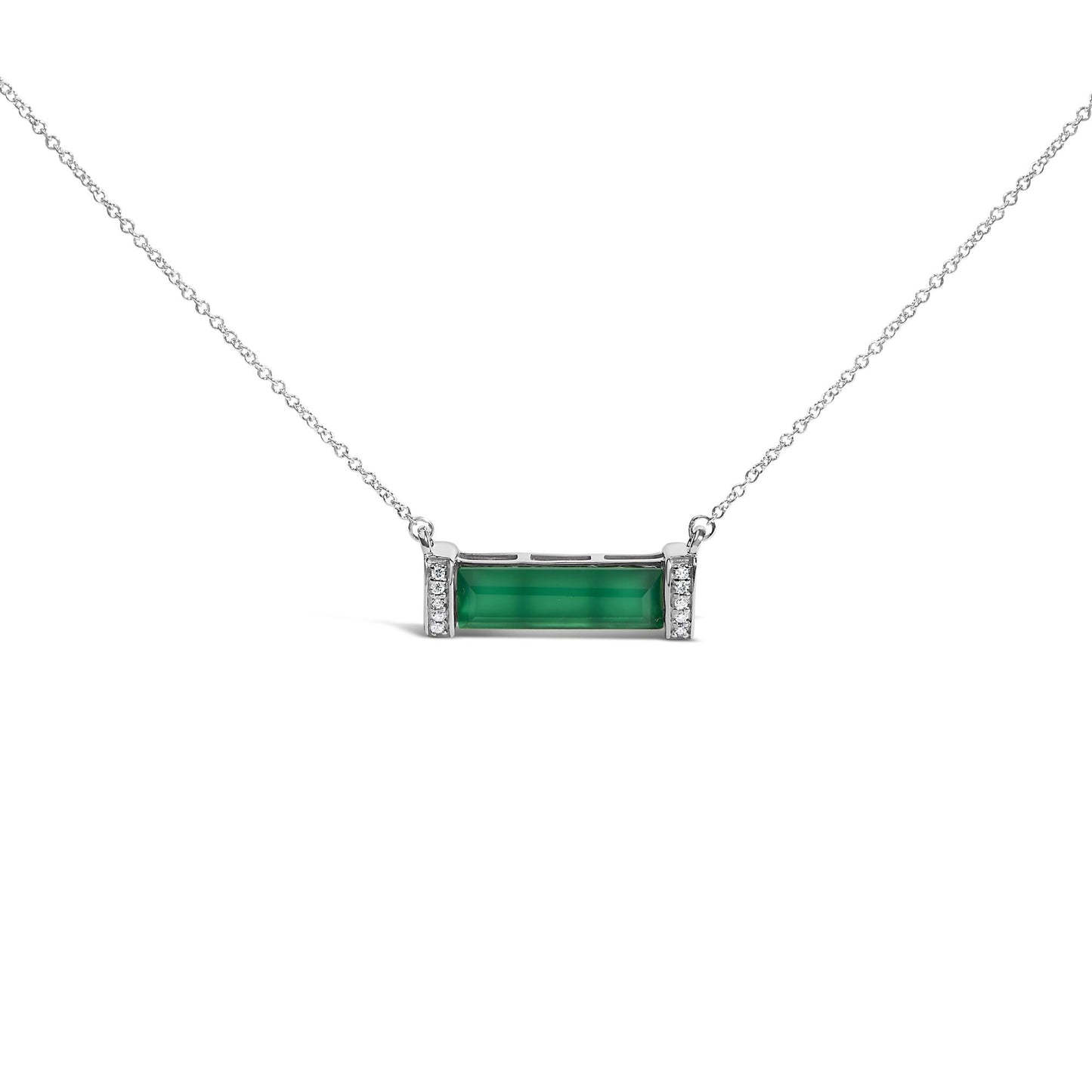 Front-facing shot of a white necklace featuring a horizontal rectangular green gemstone in a channel setting, flanked on both sides by vertical rows of small round white gemstones in pave setting.