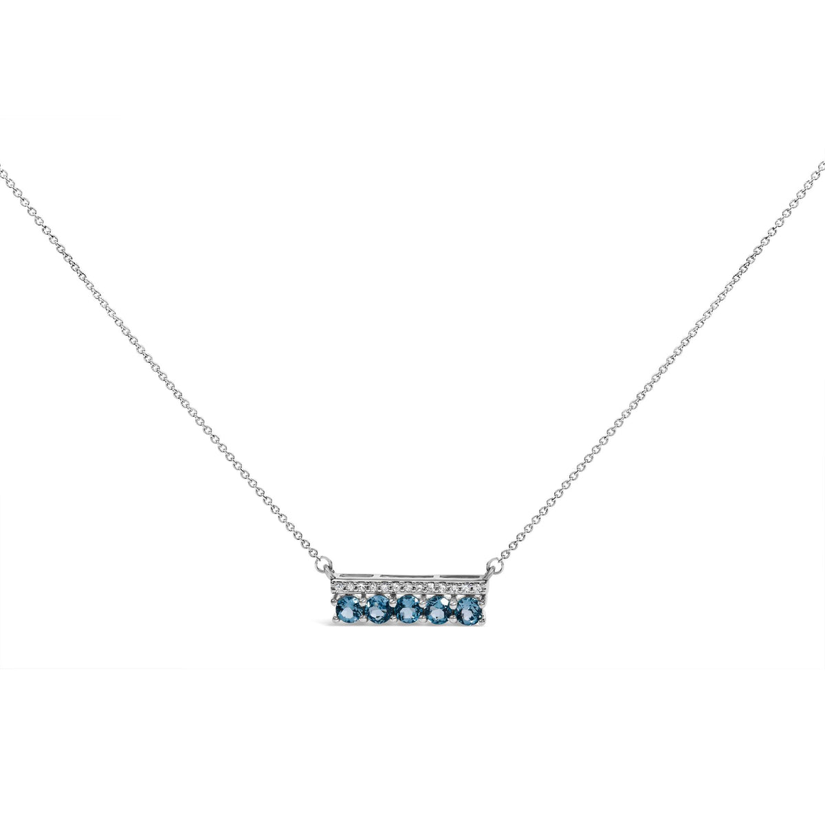 Front angle view of a white necklace with a rectangular pendant. The pendant features a row of small white gemstones in a pave setting on the top half and five round blue gemstones in a prong setting on the bottom half. The necklace is displayed on a white background.