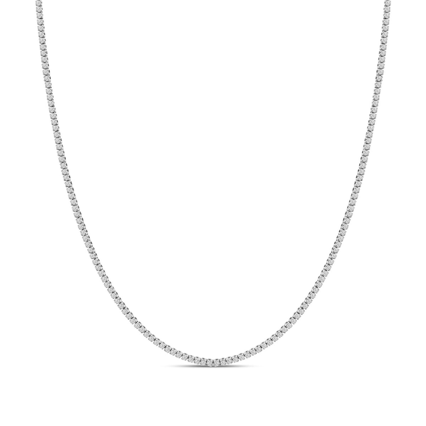 Front view of a white necklace featuring a continuous row of round white gemstones in prong settings.