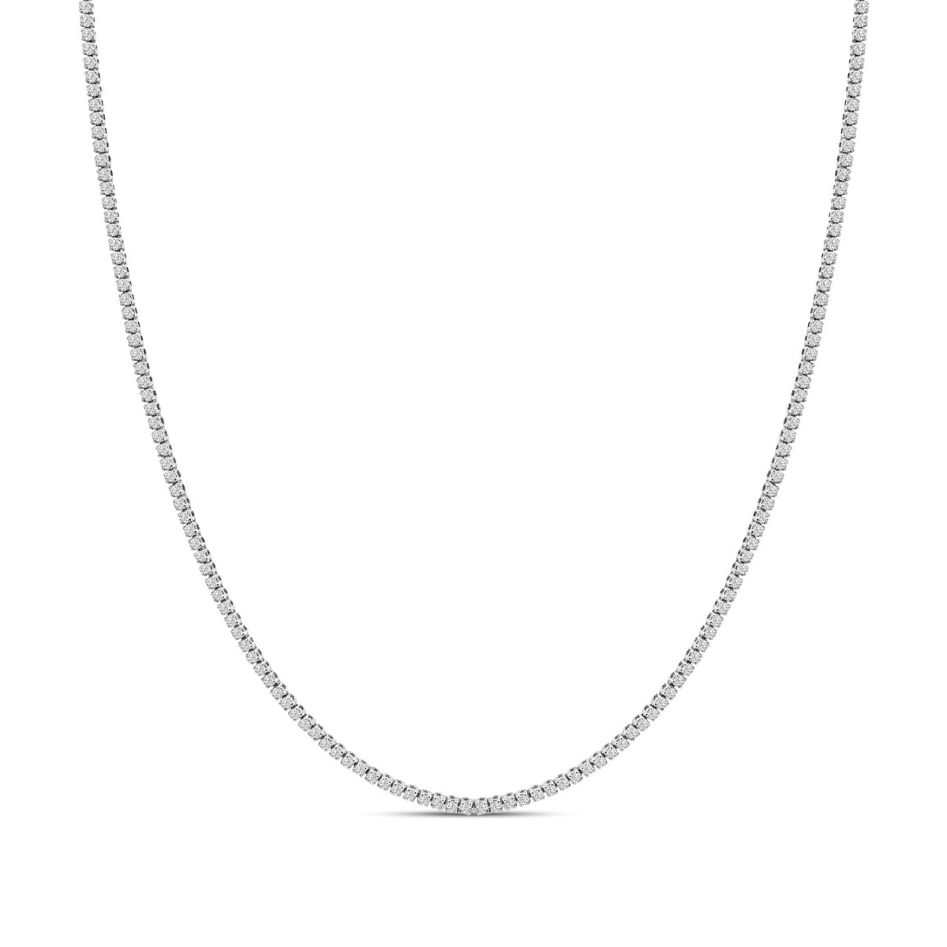 Front view of a white necklace featuring a continuous row of round white gemstones in prong settings.