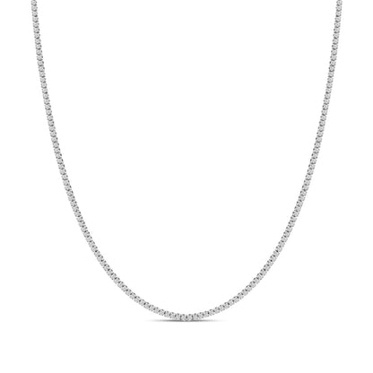 Front view of a white necklace featuring a continuous row of round white gemstones in prong settings.
