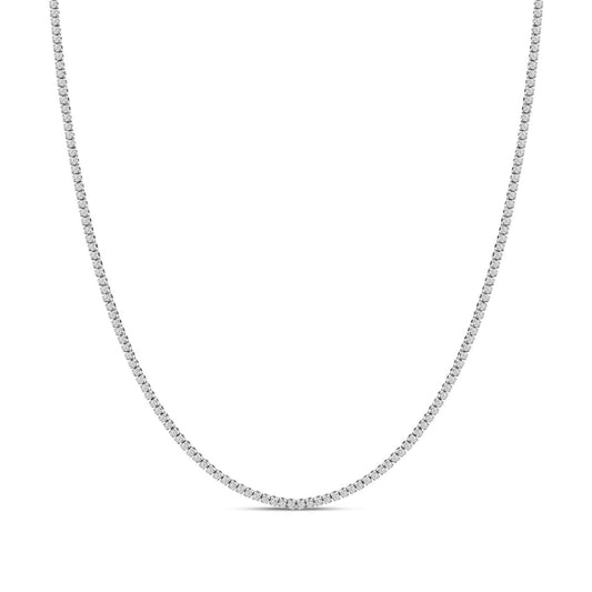 Front view of a white necklace featuring a continuous row of round white gemstones in prong settings.