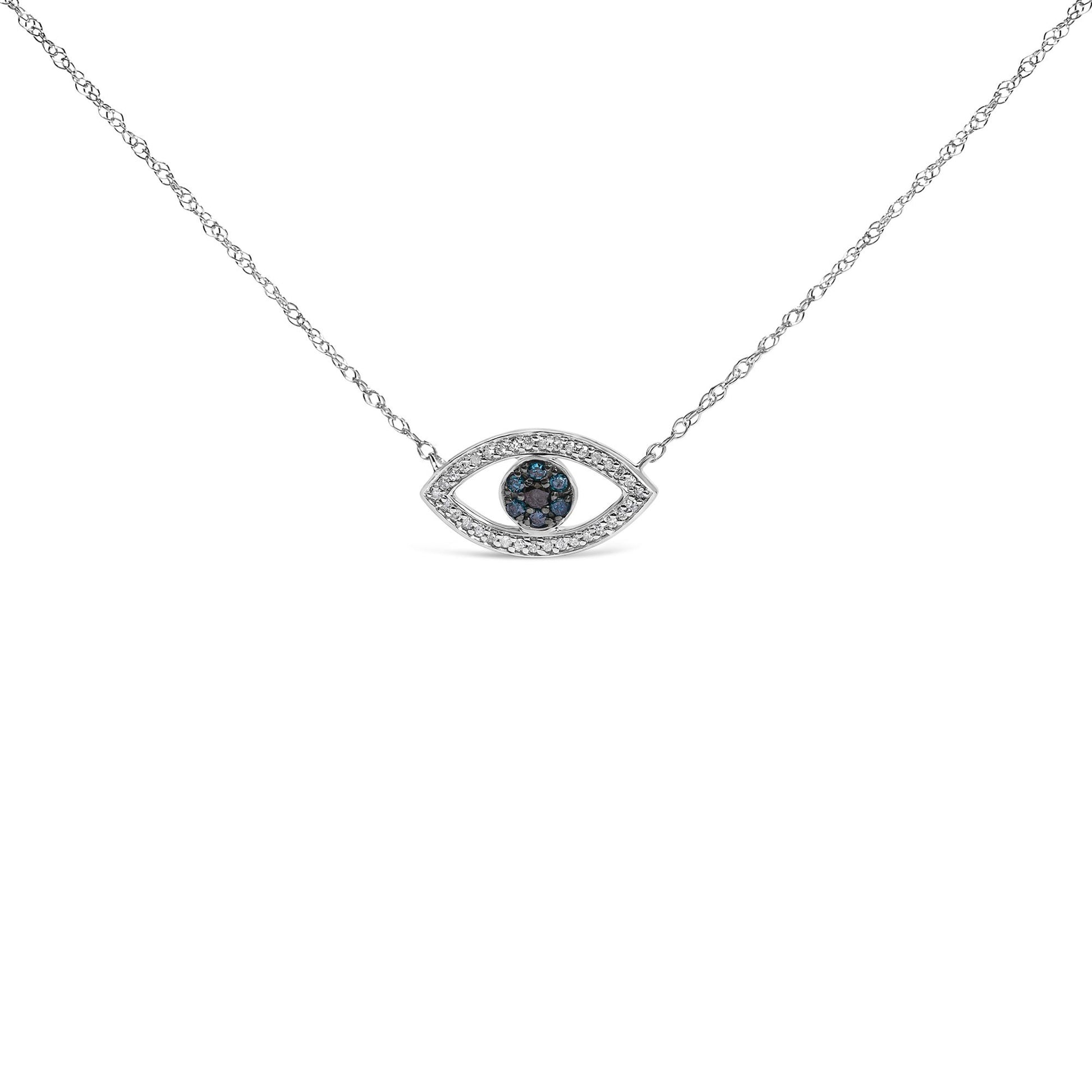 White necklace with an eye-shaped pendant featuring round blue gemstones in the center surrounded by round white gemstones, shown in a front-facing close-up shot.