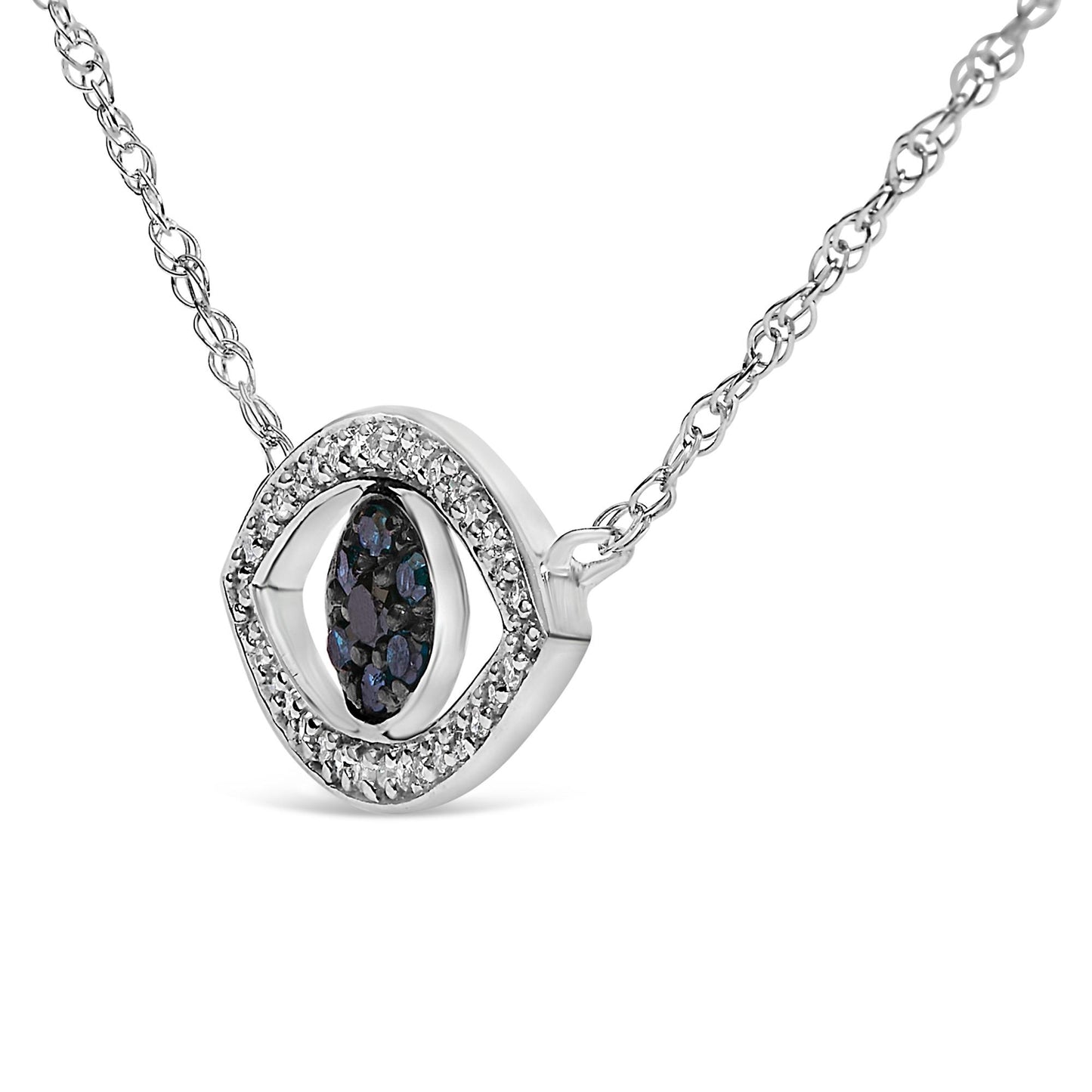 Close-up front angle of a white necklace with a marquise-shaped center cluster of round blue gemstones in a shared prong setting, surrounded by a diamond-shaped border of round white gemstones in a prong setting.