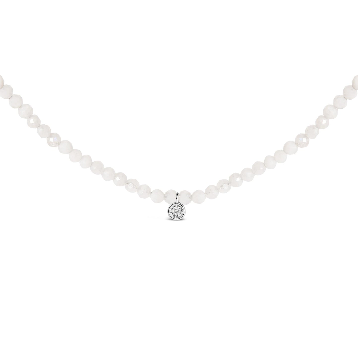 White gemstone round bead necklace with a small white gemstone pendant in a white setting, shown against a white background from a front angle.