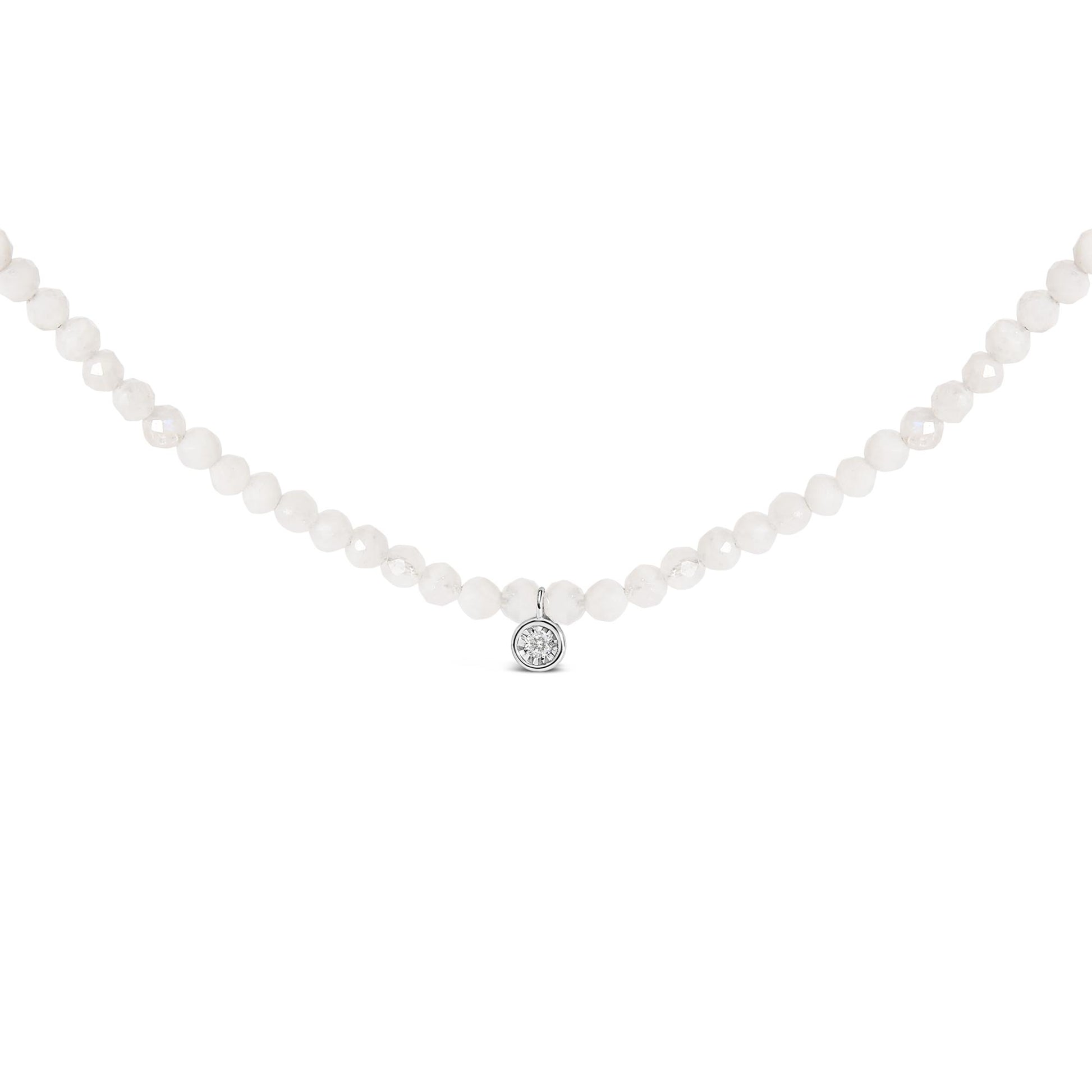 White gemstone round bead necklace with a small white gemstone pendant in a white setting, shown against a white background from a front angle.
