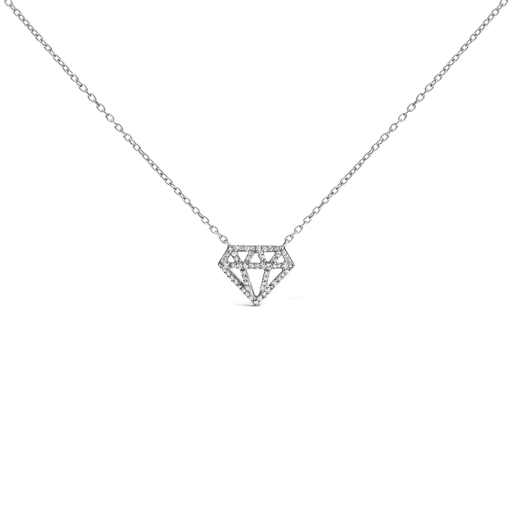 Front view of a white metal necklace with a pendant shaped like a geometric diamond outline, adorned with round white gemstones in a prong setting, shown on a white background.