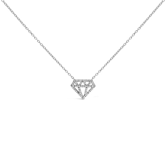 Front view of a white metal necklace with a pendant shaped like a geometric diamond outline, adorned with round white gemstones in a prong setting, shown on a white background.