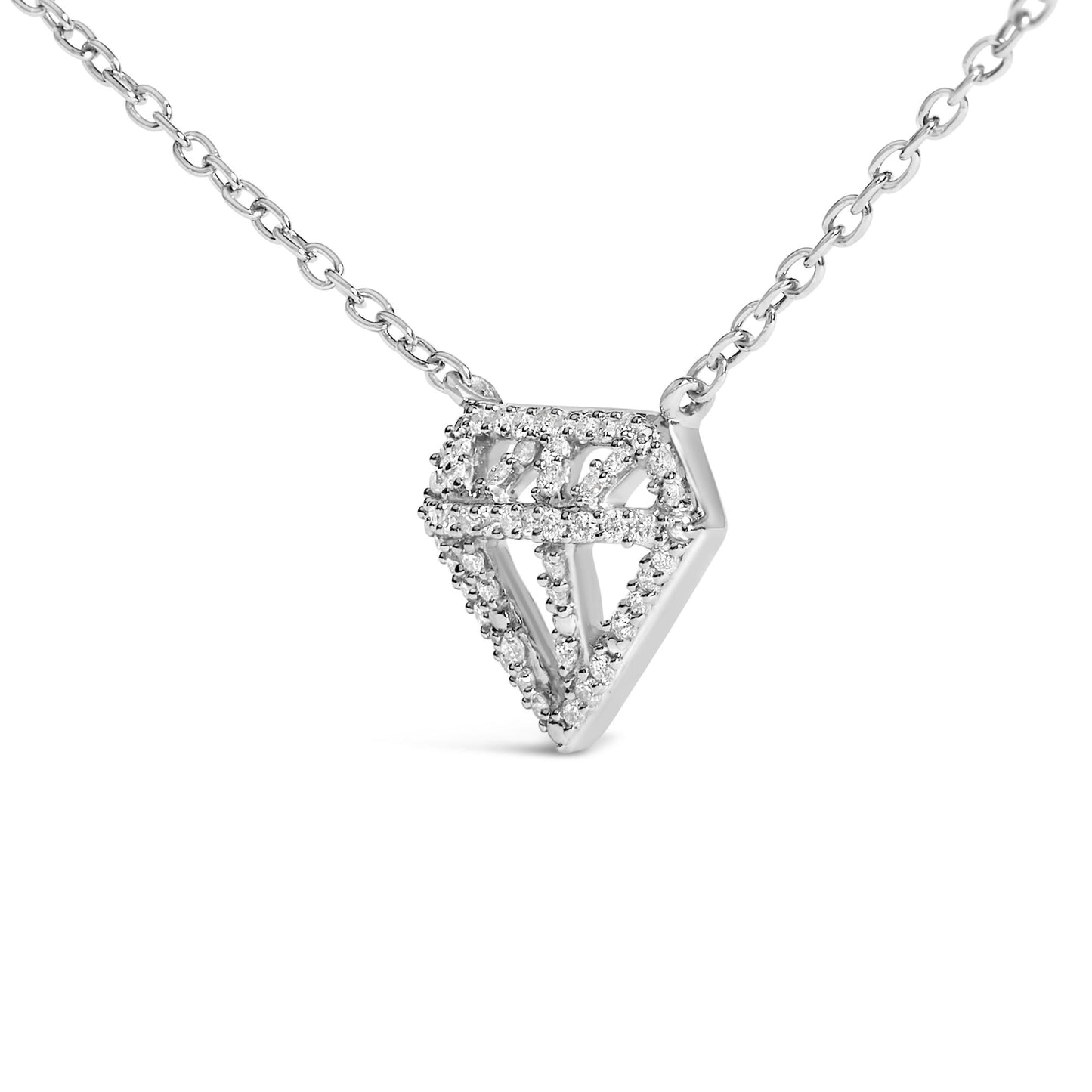 Close-up front angled shot of a white metal necklace with a pendant shaped like an outlined diamond, embellished with round white gemstones in a prong setting.