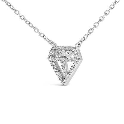 Close-up front angled shot of a white metal necklace with a pendant shaped like an outlined diamond, embellished with round white gemstones in a prong setting.