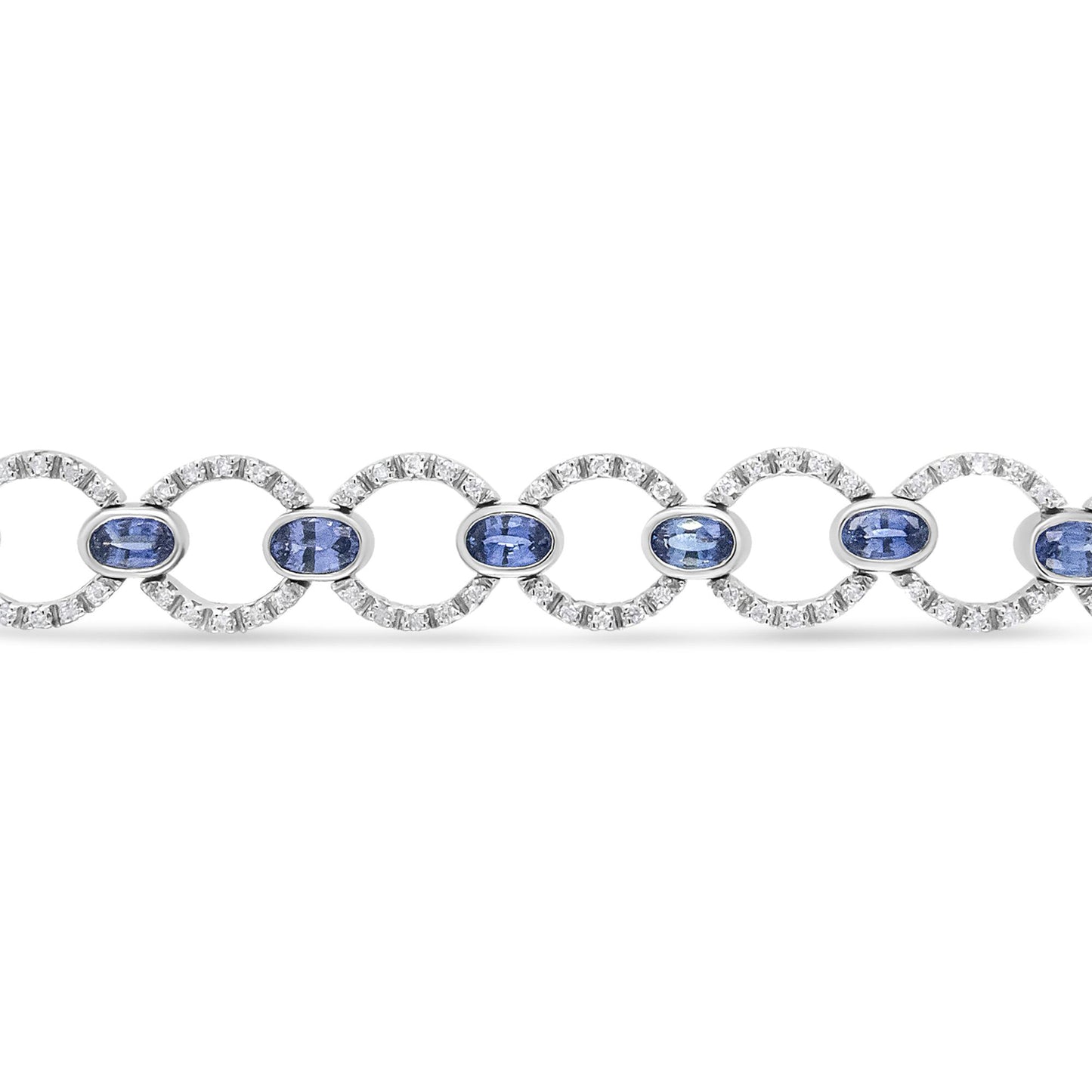 Bracelet shown from the front angle featuring alternating circular links set with small white gemstones and oval blue gemstones in bezel settings.