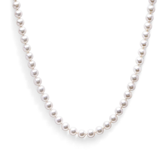 Close-up front view of a white metal necklace featuring a string of round white beads.