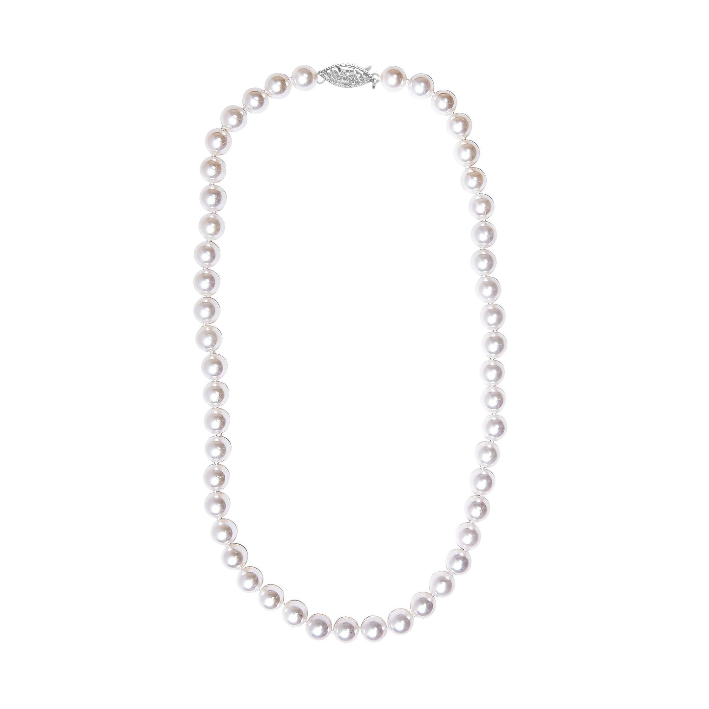 Top-down view of a white pearl bead necklace with a decorative clasp.
