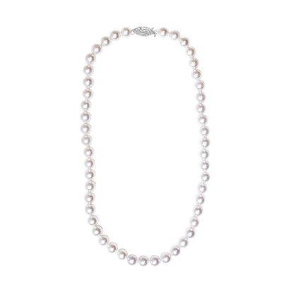 Top-down view of a white pearl bead necklace with a decorative clasp.