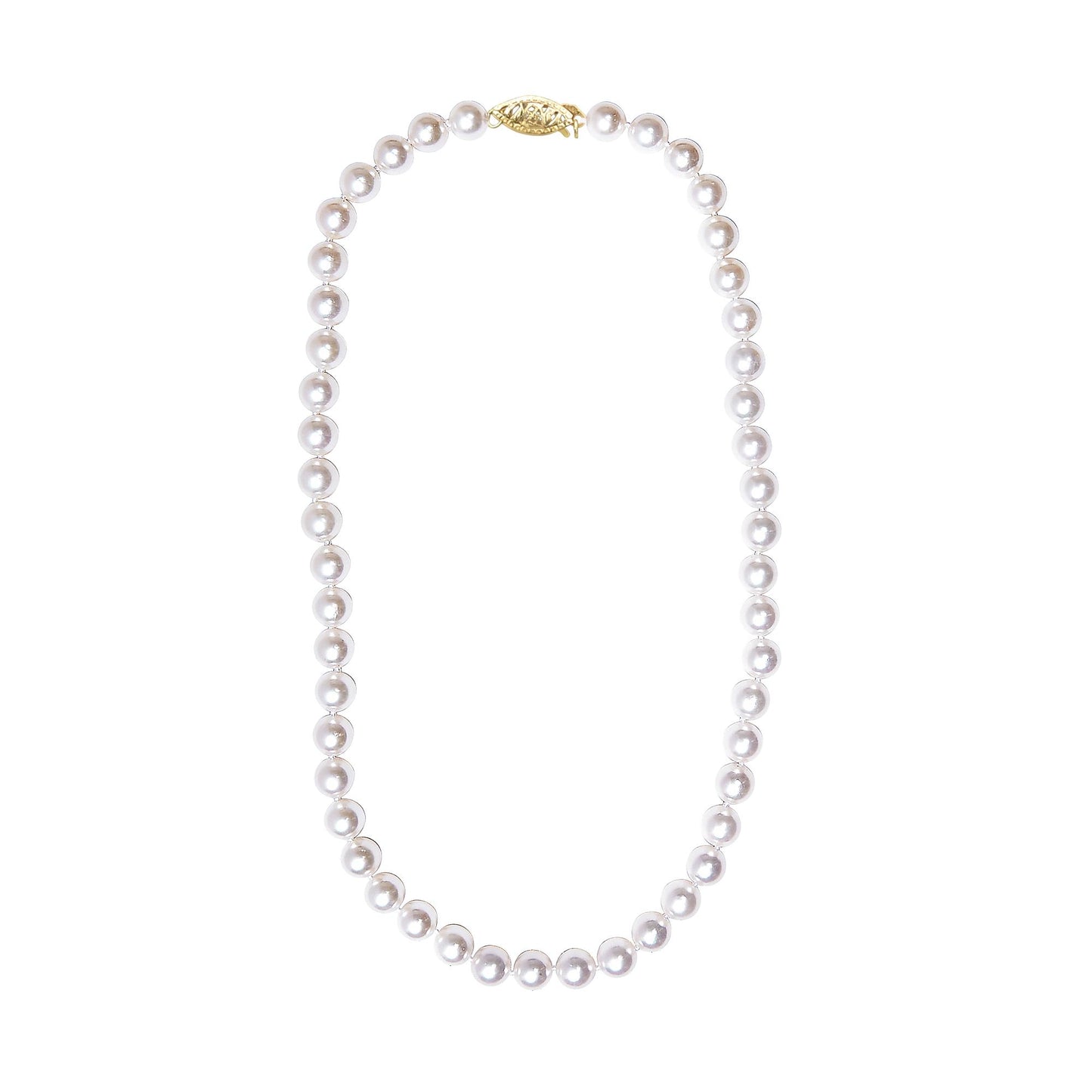 Yellow metal clasp with a string of round white pearls necklace, shown flat from a top-down angle.