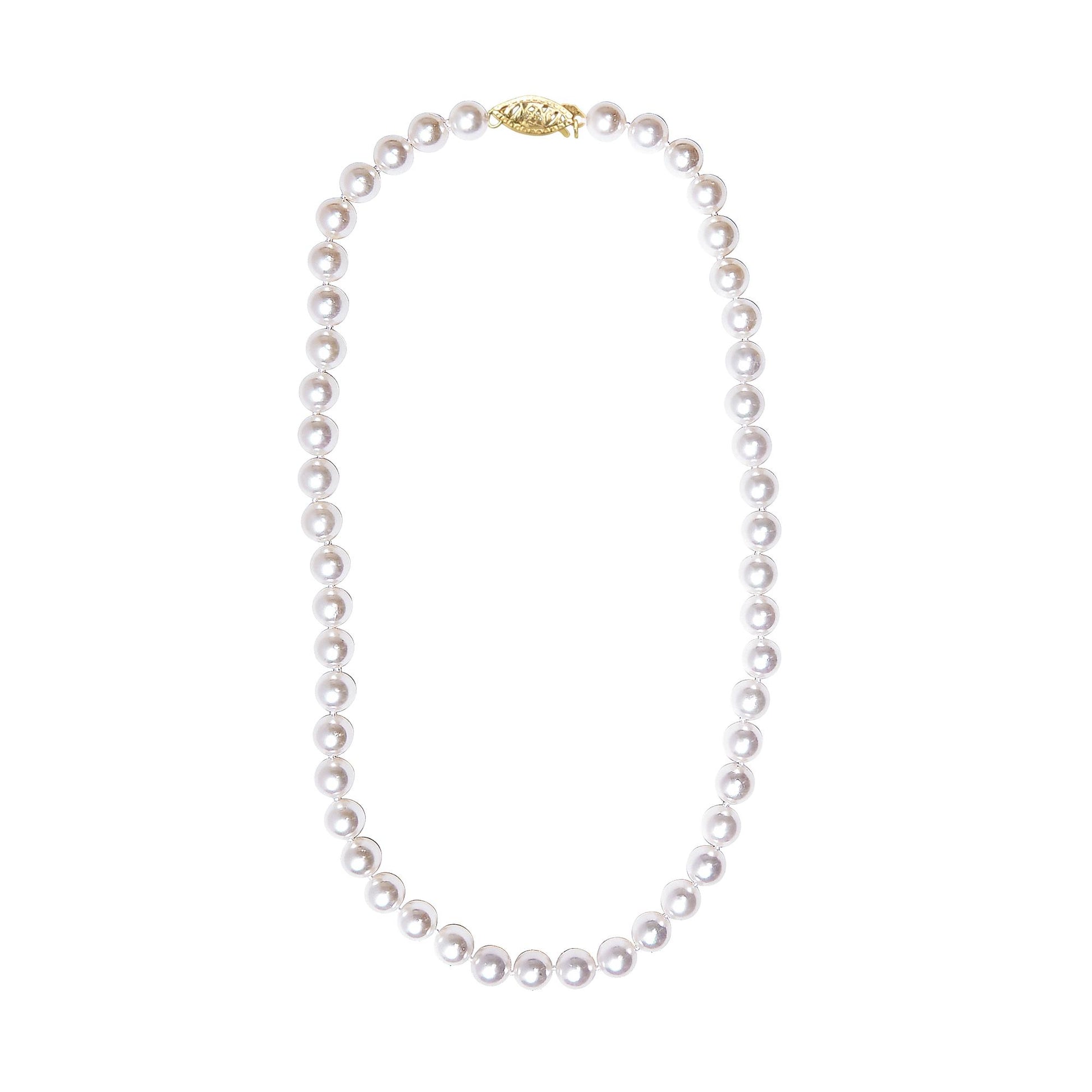 Yellow metal clasp with a string of round white pearls necklace, shown flat from a top-down angle.