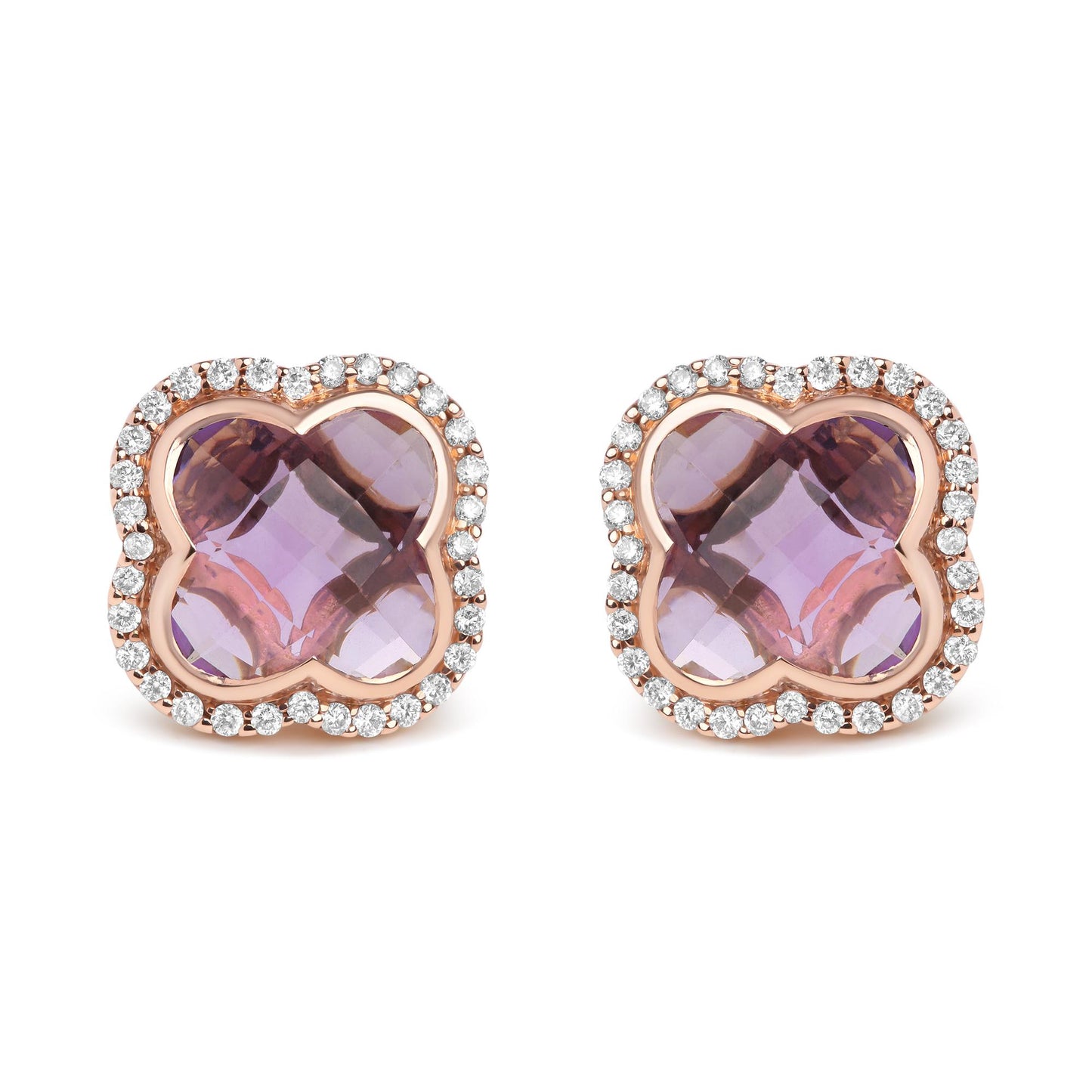 Pair of rose-colored stud earrings with central purple gemstones in a four-petal shape, surrounded by a halo of round white gemstones, shown from a front angle on a white background.