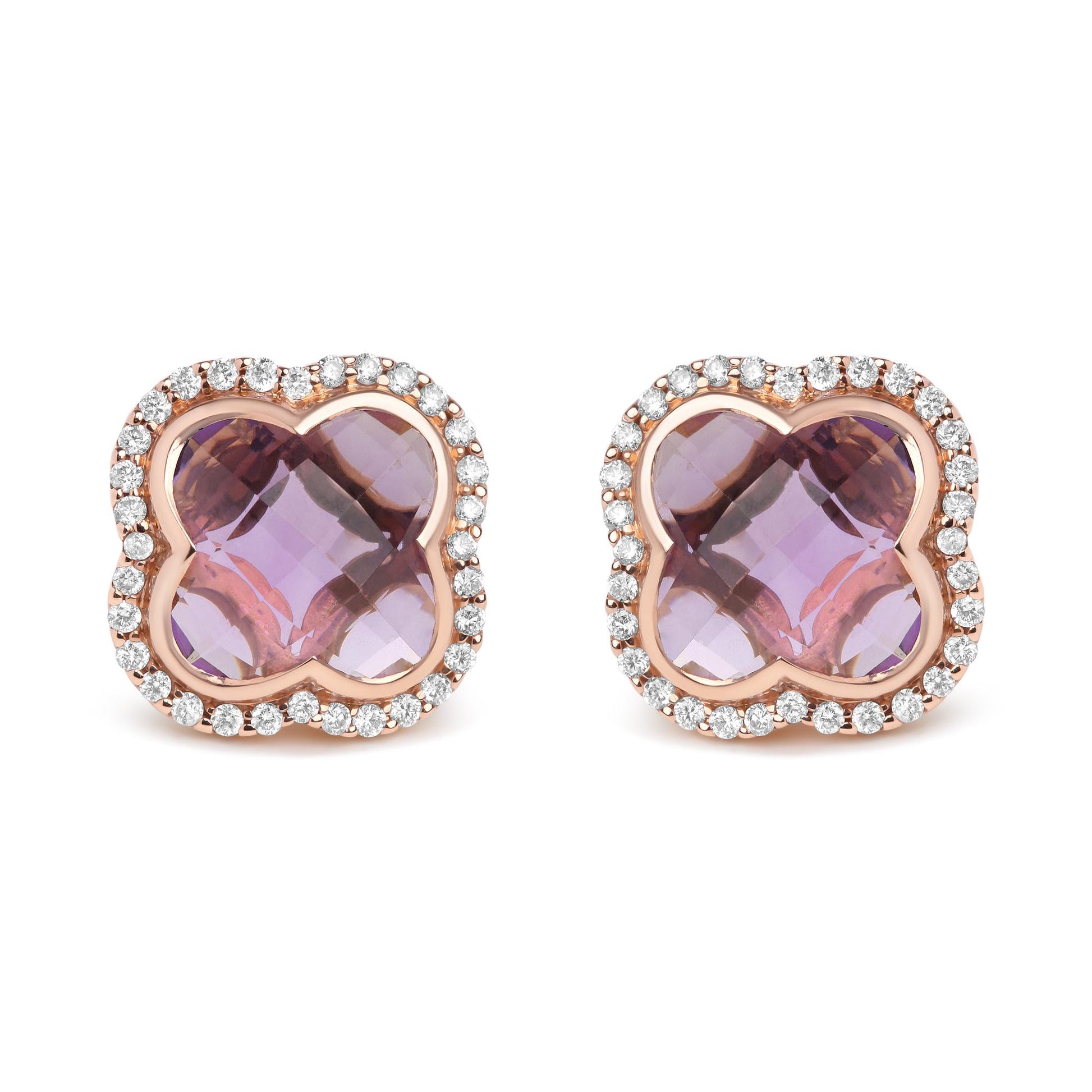 Pair of rose-colored stud earrings with central purple gemstones in a four-petal shape, surrounded by a halo of round white gemstones, shown from a front angle on a white background.