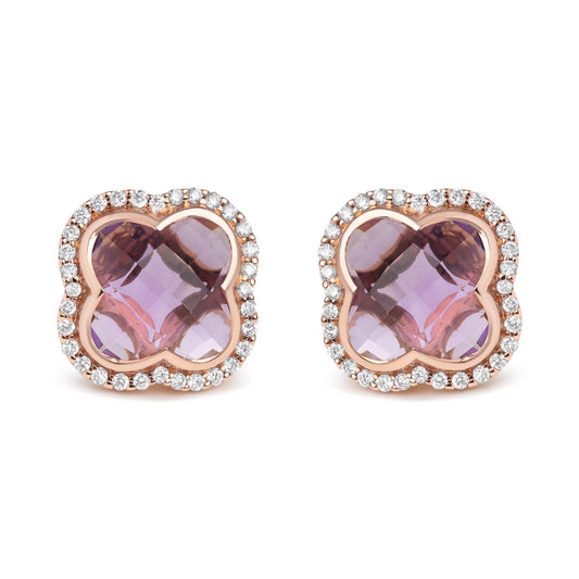 Pair of rose-colored stud earrings with central purple gemstones in a four-petal shape, surrounded by a halo of round white gemstones, shown from a front angle on a white background.