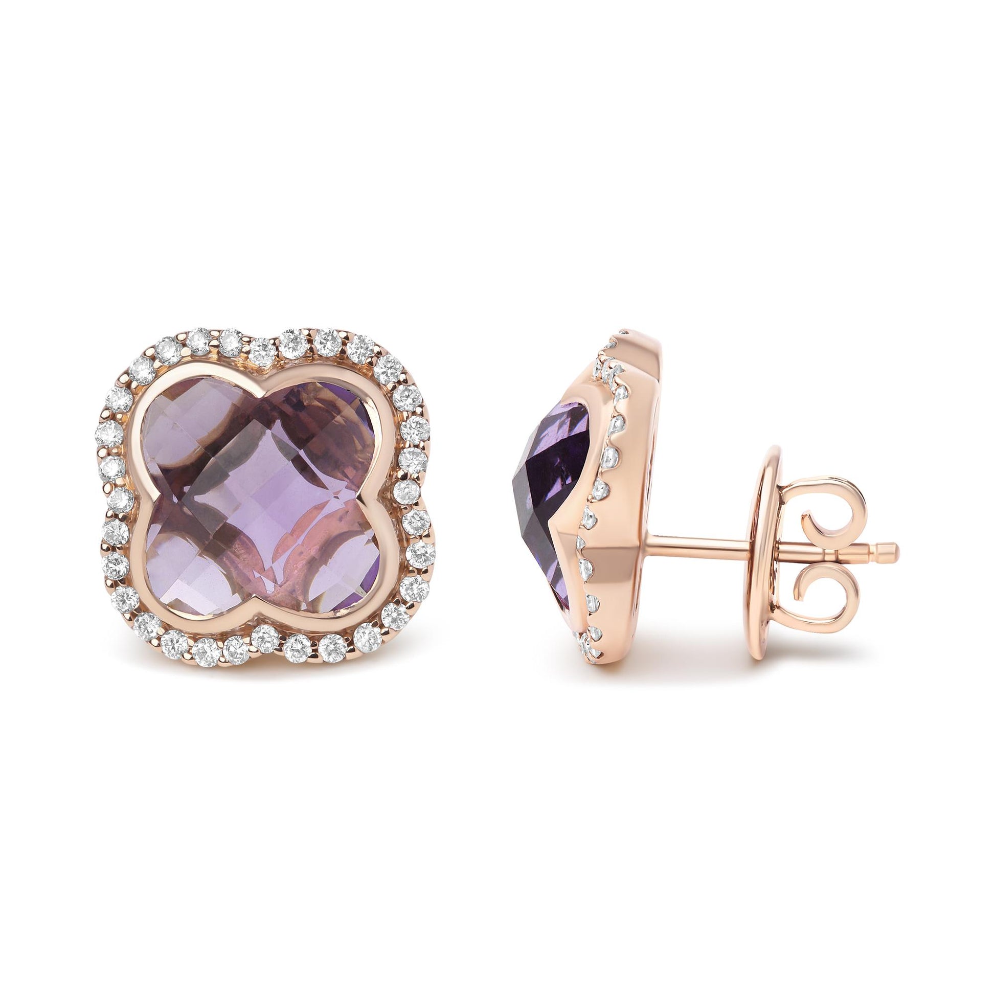 Pair of rose metal stud earrings with a purple gemstone in a flower-shaped setting surrounded by small white gemstones, shown from front and side angles.