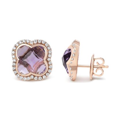 Pair of rose metal stud earrings with a purple gemstone in a flower-shaped setting surrounded by small white gemstones, shown from front and side angles.