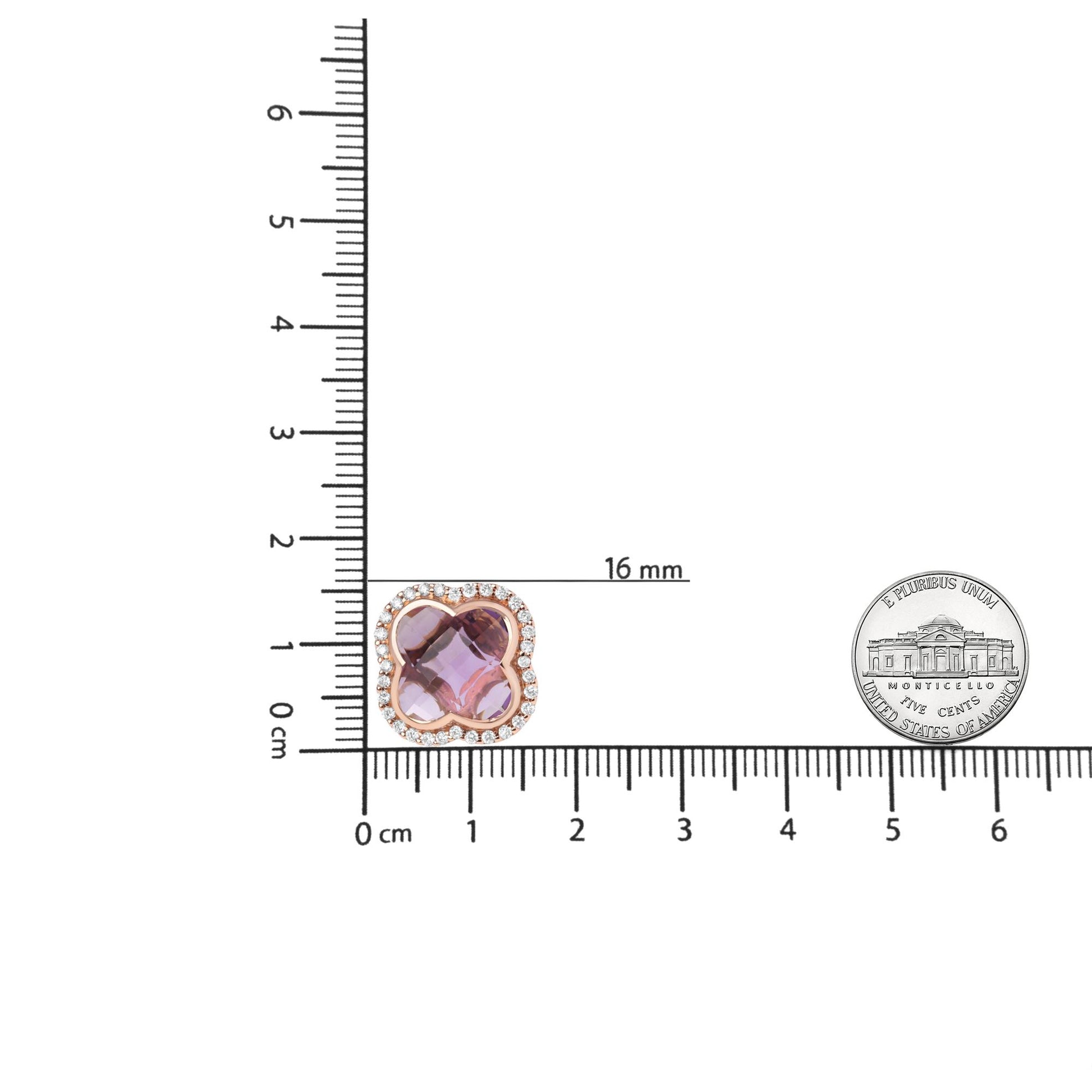 Rose metal earring with a purple gemstone center in a four-lobed shape, surrounded by small round white gemstones in prong setting, shown flat on a ruler and scale for size reference, top-down angle.