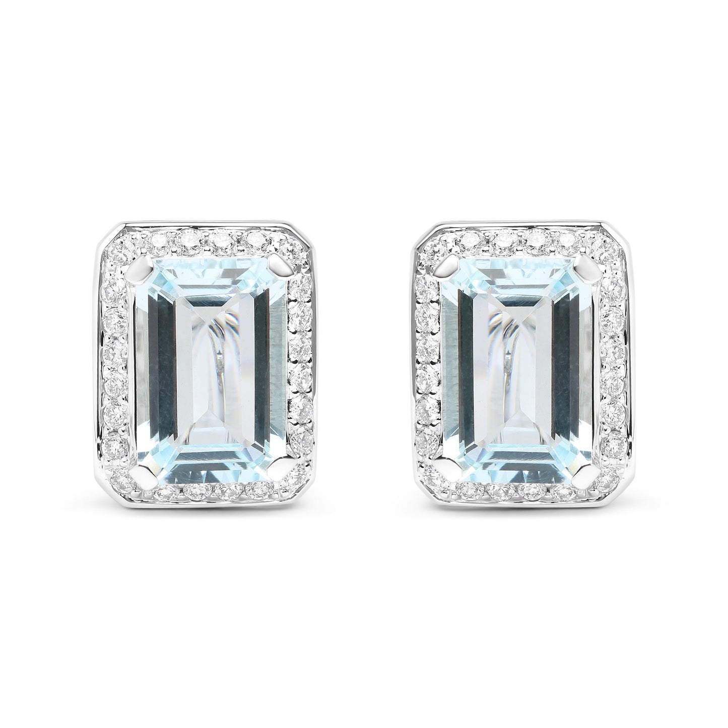 Front-facing shot of white metal earrings featuring large rectangular blue gemstones surrounded by a border of small round white gemstones.