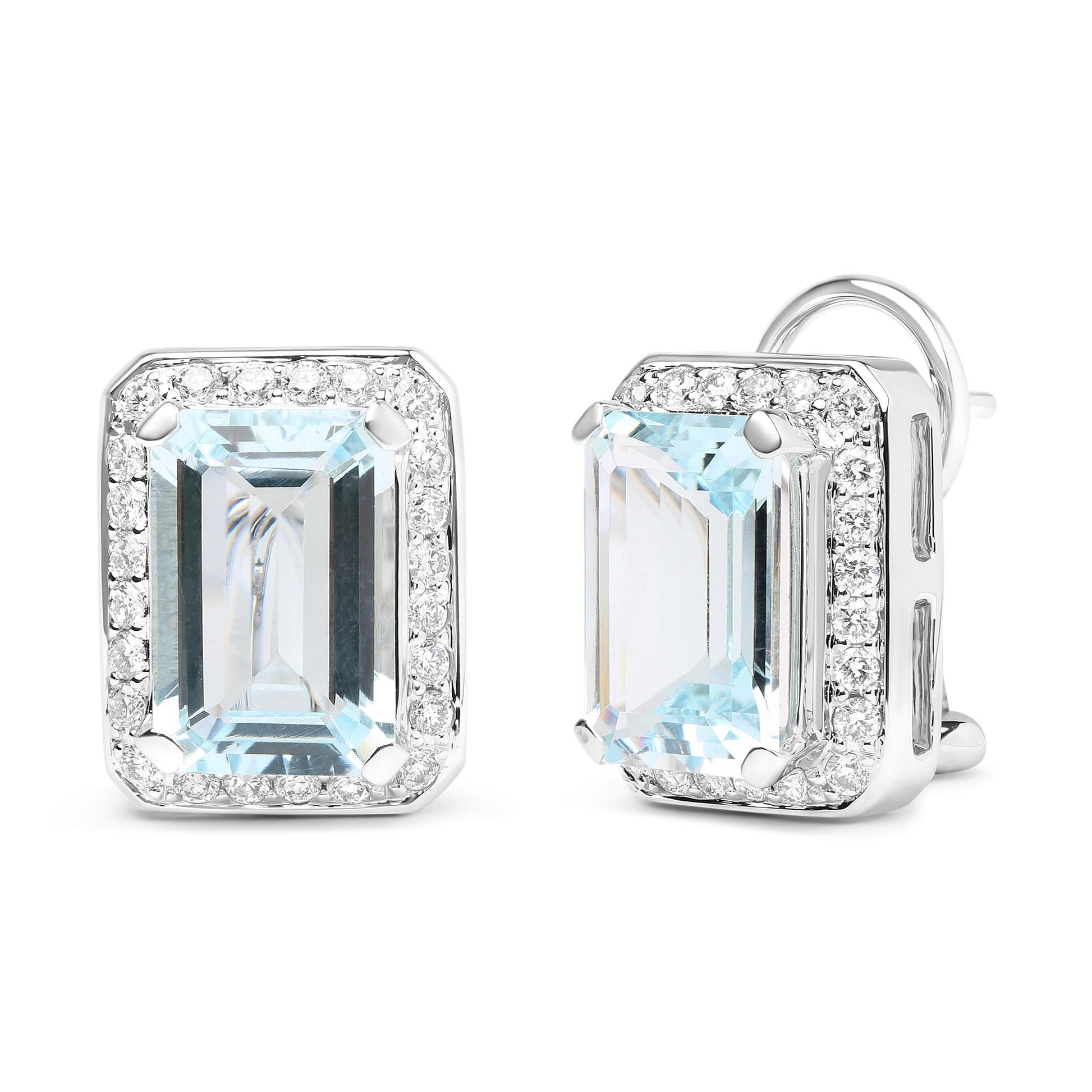Front and side view of white metal rectangular earrings with prong-set blue emerald-shaped gemstones surrounded by prong-set round white gemstones.