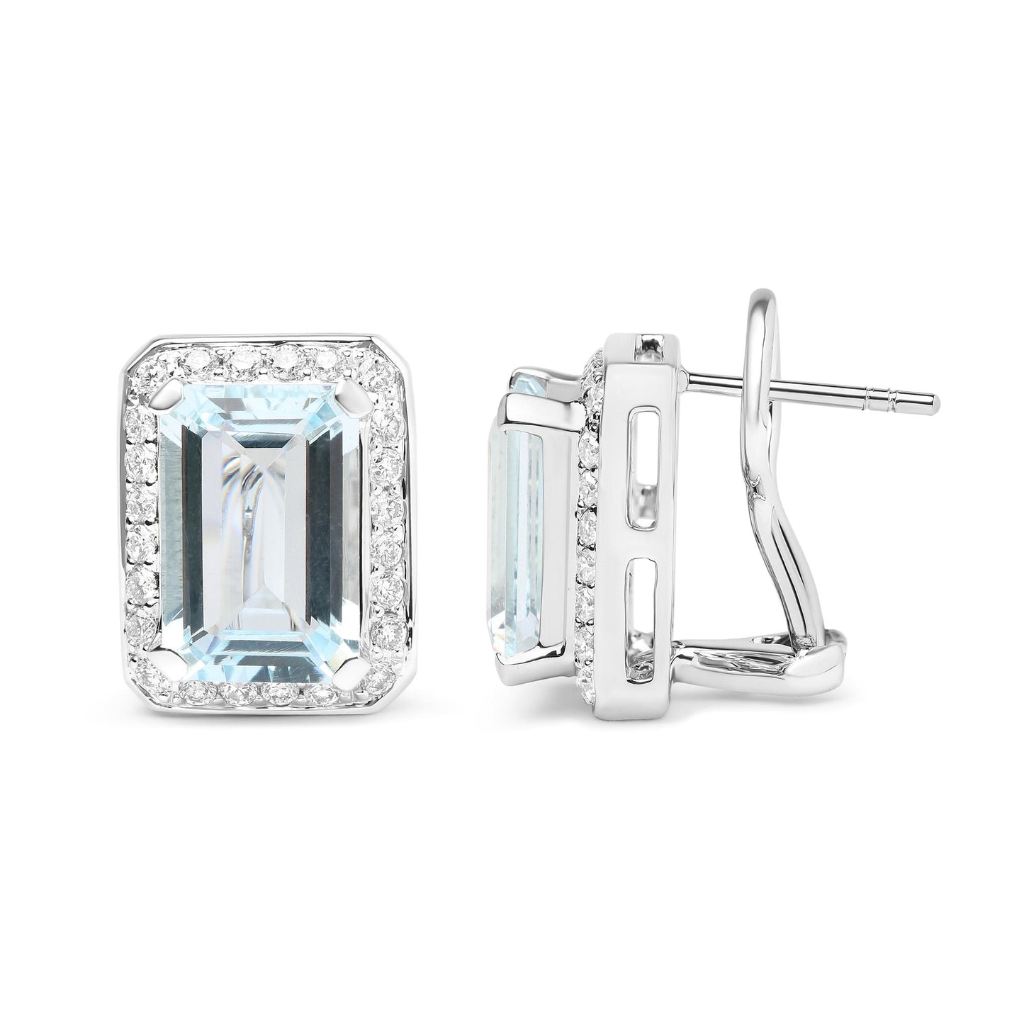 Pair of white metal earrings shown from front and side angles, featuring a large emerald-shaped blue gemstone surrounded by small round white gemstones in a prong setting.