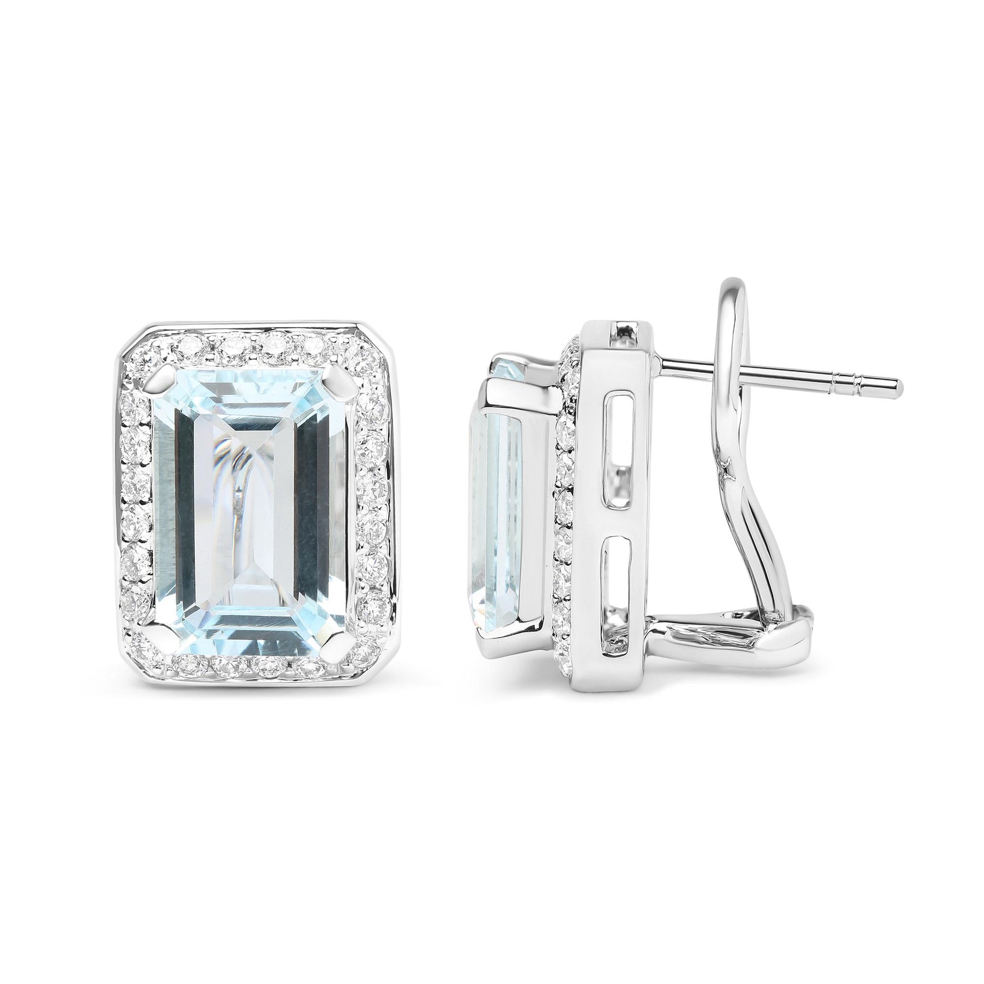 Pair of white metal earrings shown from front and side angles, featuring a large emerald-shaped blue gemstone surrounded by small round white gemstones in a prong setting.