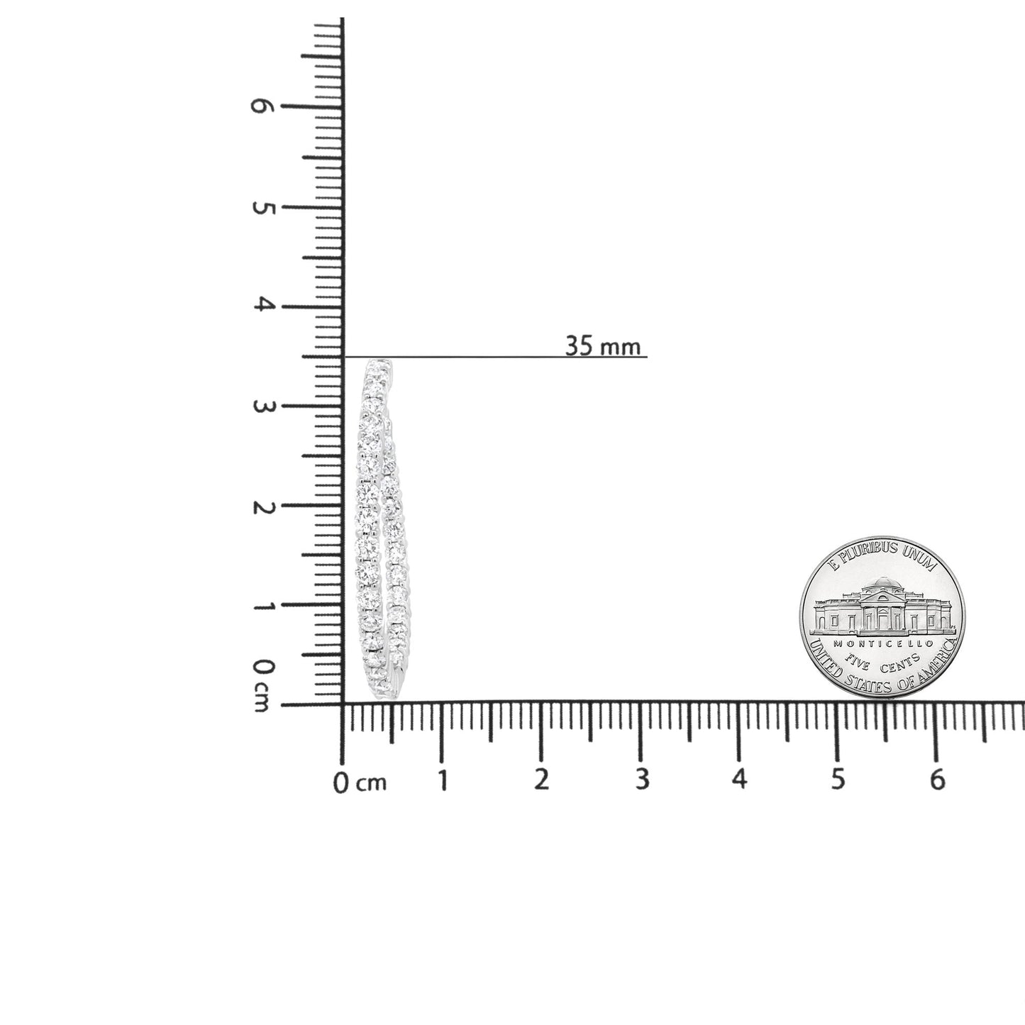 Side angle view of white metal hoop earrings adorned with two rows of round white gemstones in prong settings, shown on a ruler and next to a coin for size reference.