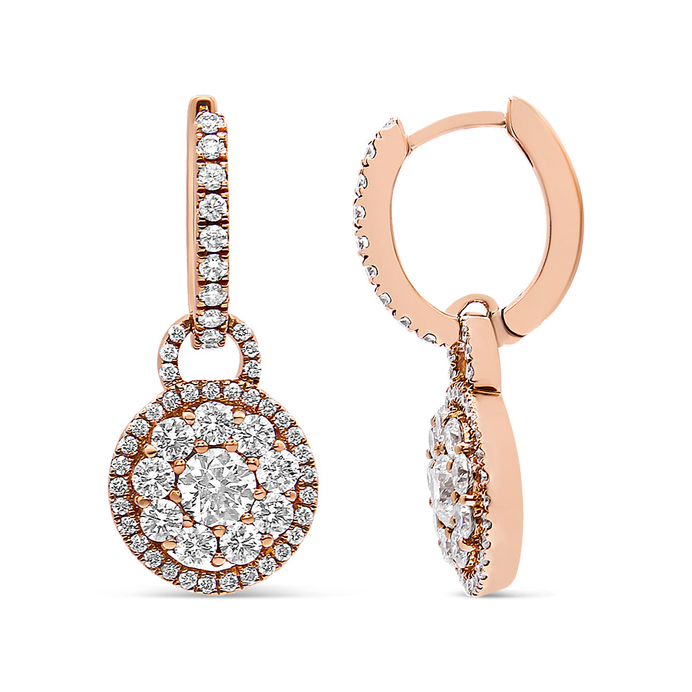 Front and side views of rose metal drop earrings with multiple prong-set round white gemstones on the hoop and circular pendant, shown against a white background.