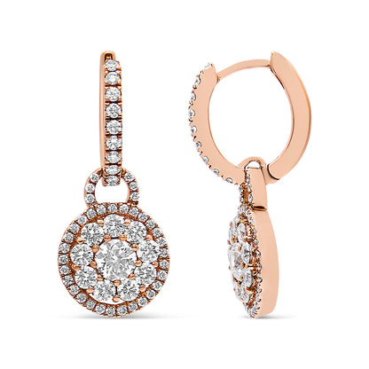 Front and side views of rose metal drop earrings with multiple prong-set round white gemstones on the hoop and circular pendant, shown against a white background.