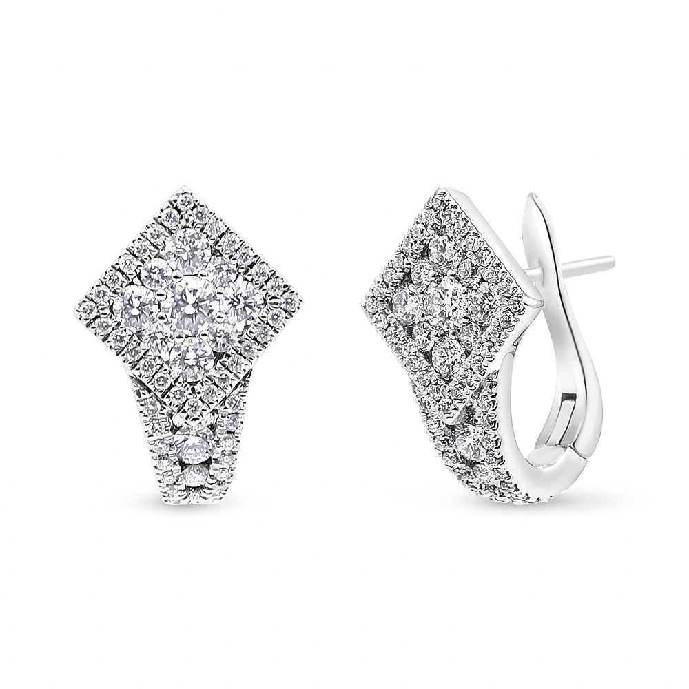 Pair of white metal earrings with multiple round white gemstones in a shared prong setting, shown from front and angled side views.