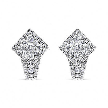 Front-facing shot of white metal earrings with a diamond-shaped cluster of round white gemstones in shared prong settings, featuring additional smaller round white gemstones extending downward.
