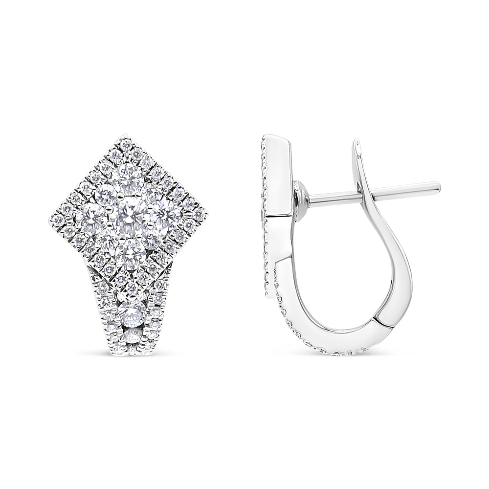 Front and side views of white metal earrings featuring multiple round white gemstones in a shared prong setting; front view shows a decorative geometric cluster design, side view shows a hinged hoop closure, image taken against a white background.