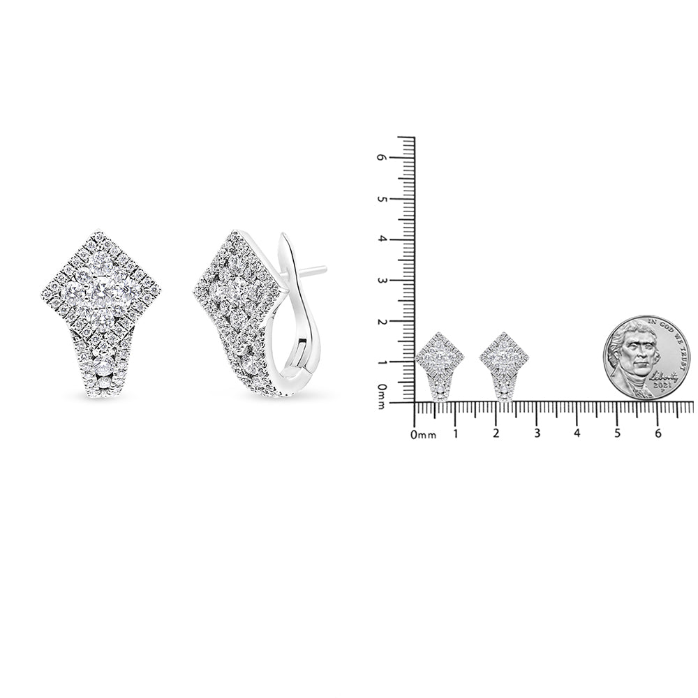 White metal earrings with multiple white gemstones in a shared prong setting, diamond-shaped design, shown from front and side angles, displayed next to a ruler and coin for size reference.